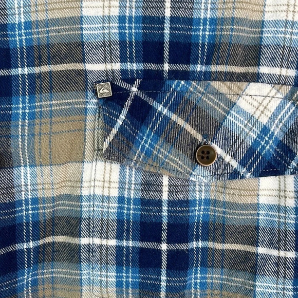 QUIKSILVER Mens Plaid Flannel Button Up Shirt Blue Tan Long Sleeve Logo Skate S - Picture 4 of 16